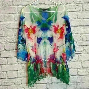 Mushka by Sienna Rose Watercolor Sheer Tunic Cut Out Fringe Size M
